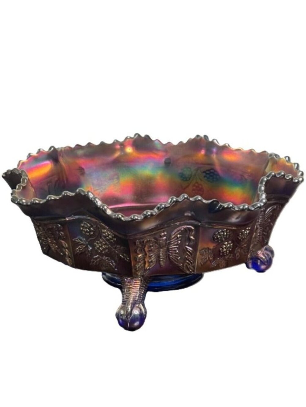 Butterfly and Berry Antique Fenton Master Bowl Ruffled Footed Ball and Claw Feet